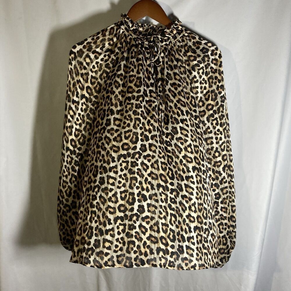 H&M tan brown animal print keyhole long raglan sleeve polyester semi sheer top M